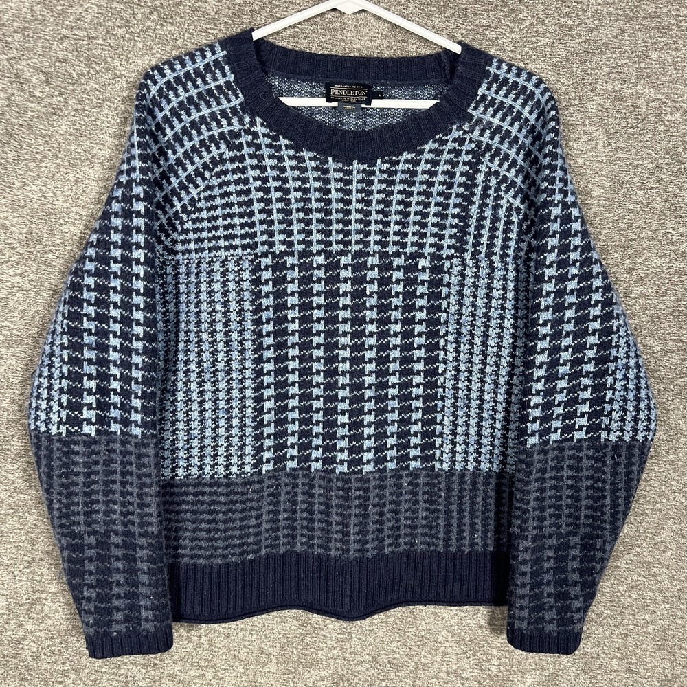 Pendleton Sweater Mens Large‎ Blue Lambswool Nylon Check Crewneck Knit Pullover